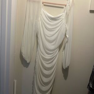 Gold Ruched Off the Shoulder Midi Dress